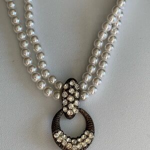 Elegant Vintage Glass Pearl Necklace with Crystal Pendant, sterling